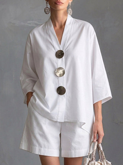 Women's Solid-color V-neck 3/4-sleeve Casual Loose Cotton-linen Top & High-waisted Wide-leg Shorts Set