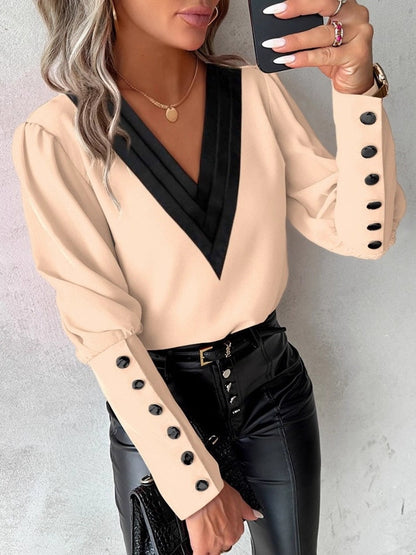Chemise d'automne à col V unie à manches longues avec boutons