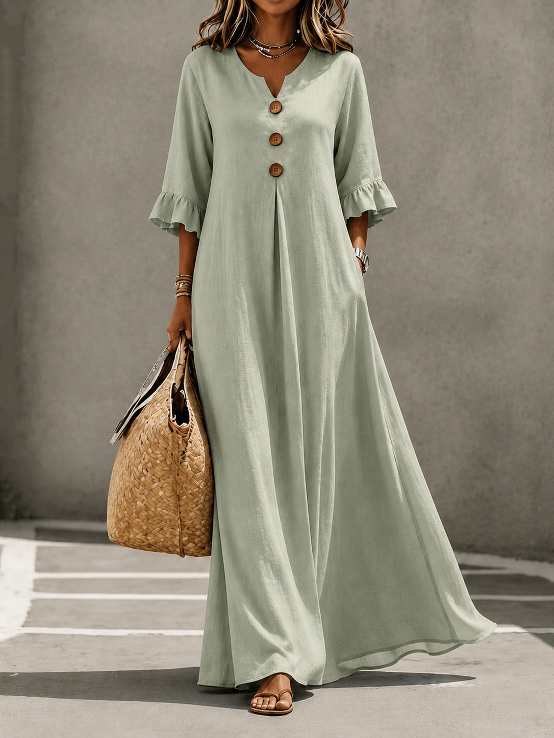 V-Neck Ruffle Sleeve Linen Maxi Dress