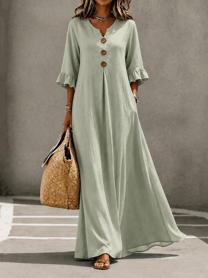 V-Neck Ruffle Sleeve Linen Maxi Dress