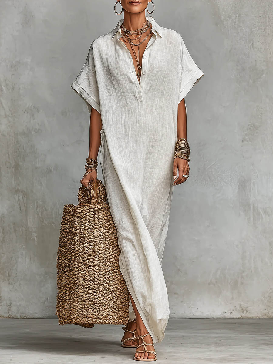 Robe décontractée ample en lin pour femme, unie, à col et à manches courtes