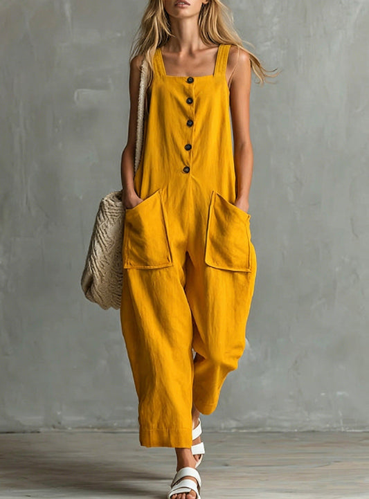 Loose Linen Square Neck Sleeveless Pocket Jumpsuit Casual Overall