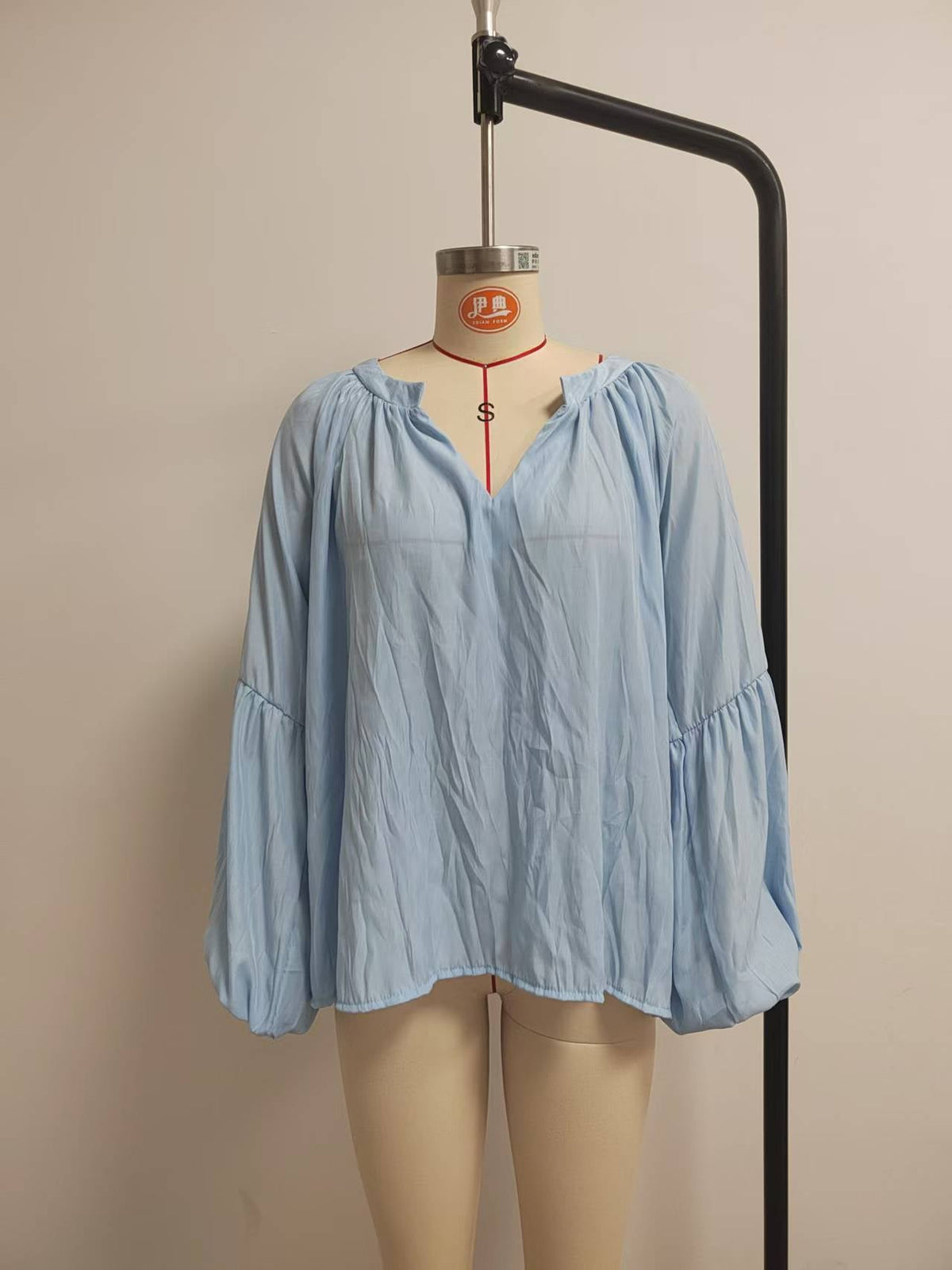 Split V-Neck Puff Long Sleeve Loose Textured Blouse