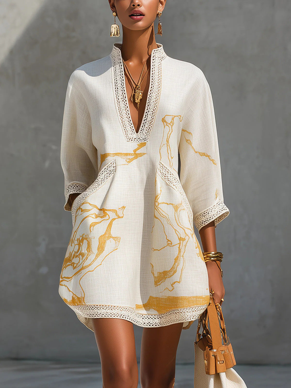 Loose Resort Style Cotton And Linen Short Dress With Straps
