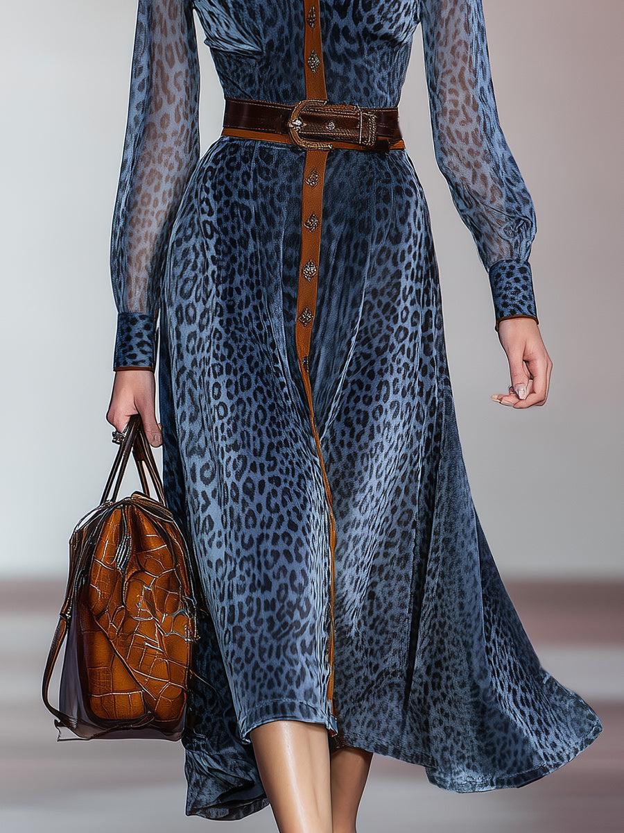 Robe midi bleue à manches longues à motif léopard