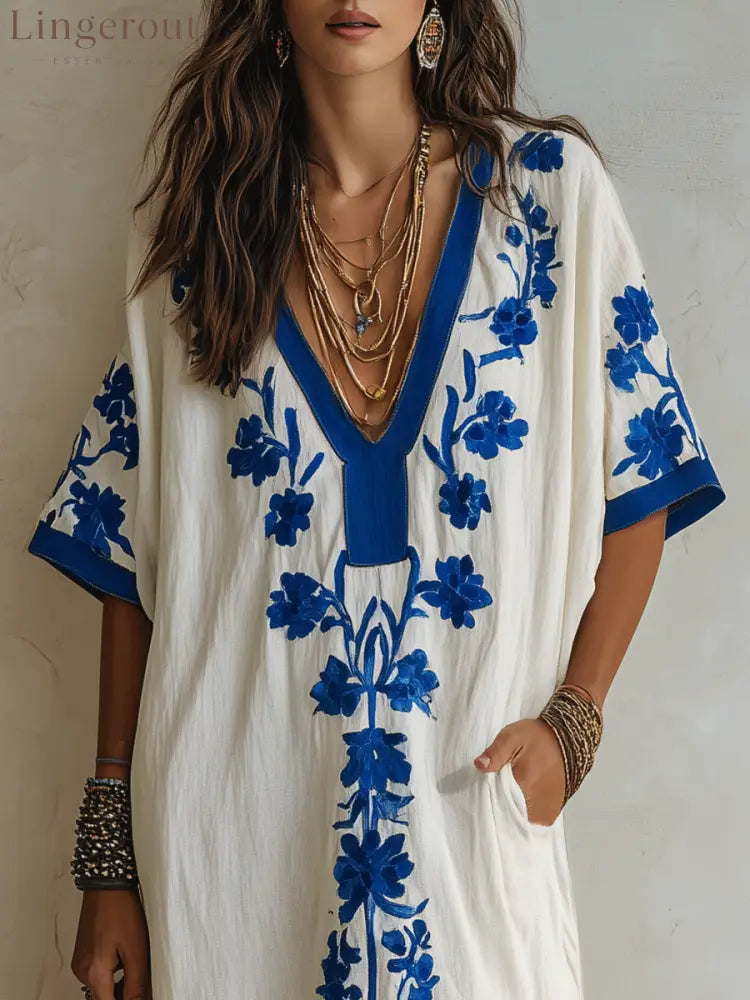 Effortless Boho Cotton Contrast-Trim Loose Off-White Embroidered Kaftan Maxi Dress - Short Sleeve Maxi Dress