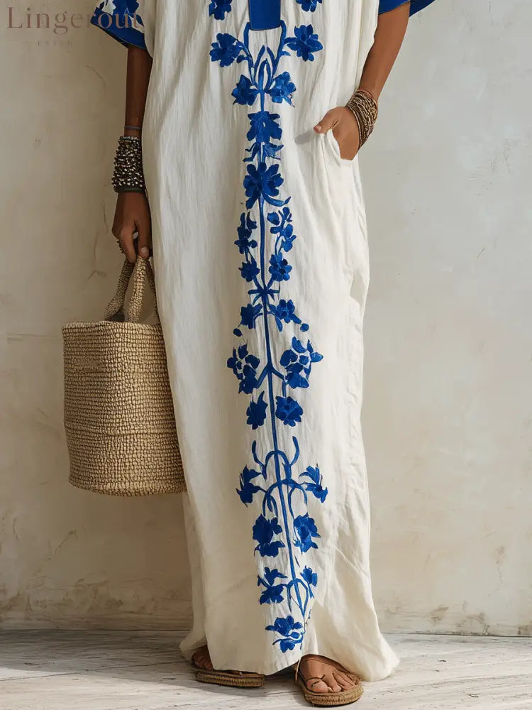 Effortless Boho Cotton Contrast-Trim Loose Off-White Embroidered Kaftan Maxi Dress - Short Sleeve Maxi Dress