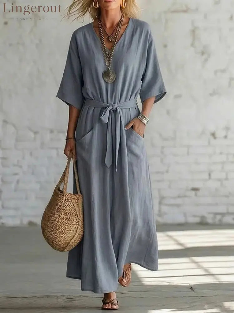 Effortless Linen Maxi Dress: Your Go-To for Timeless Breezy Style - Gray / S