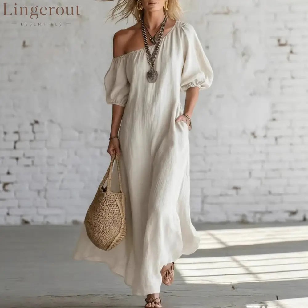 Effortless Off-Shoulder Linen-Blend Maxi Dress