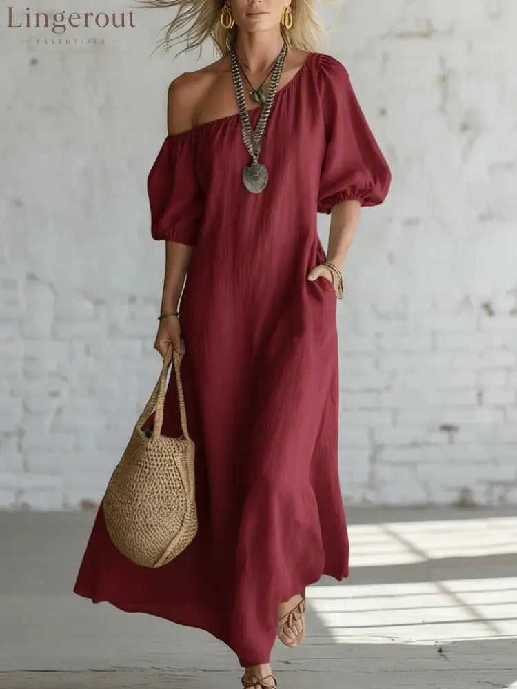 Effortless Off-Shoulder Linen-Blend Maxi Dress - Burgundy / S