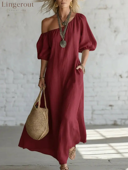 Effortless Off-Shoulder Linen-Blend Maxi Dress - Burgundy / S