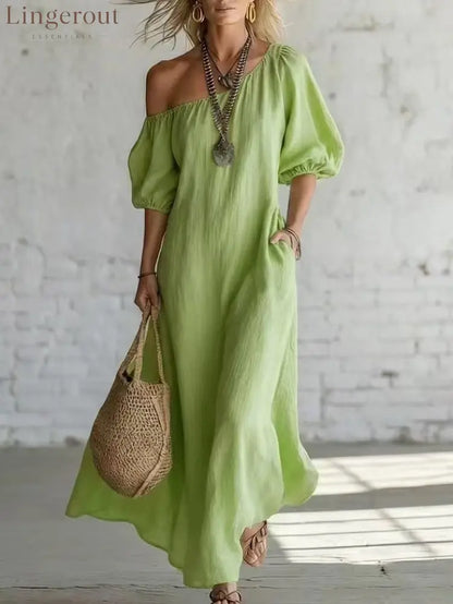 Effortless Off-Shoulder Linen-Blend Maxi Dress - Green / S