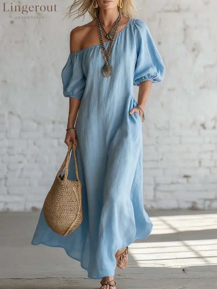 Effortless Off-Shoulder Linen-Blend Maxi Dress - Sky blue / S
