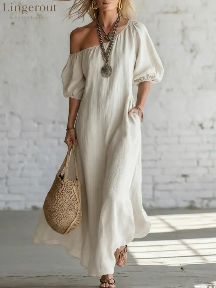 Effortless Off-Shoulder Linen-Blend Maxi Dress - White / S