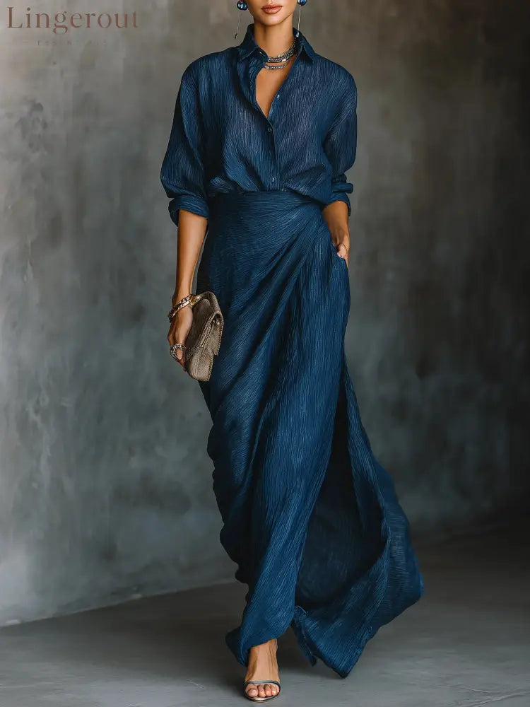 Elegant Dark Blue Cotton And Linen Blend Shirt Long Skirt Set - Dark Blue / XS