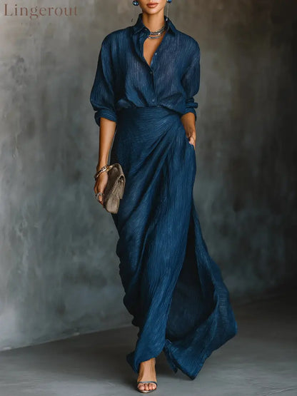 Elegant Dark Blue Cotton And Linen Blend Shirt Long Skirt Set - Dark Blue / XS