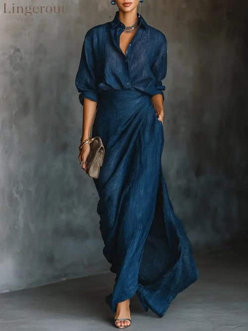 Elegant Dark Blue Cotton And Linen Blend Shirt Long Skirt Set - Dark Blue / XS