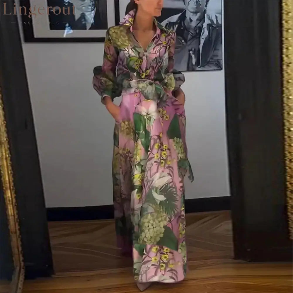 Elegant Long Sleeve Pink Maxi Dress - Pink / S