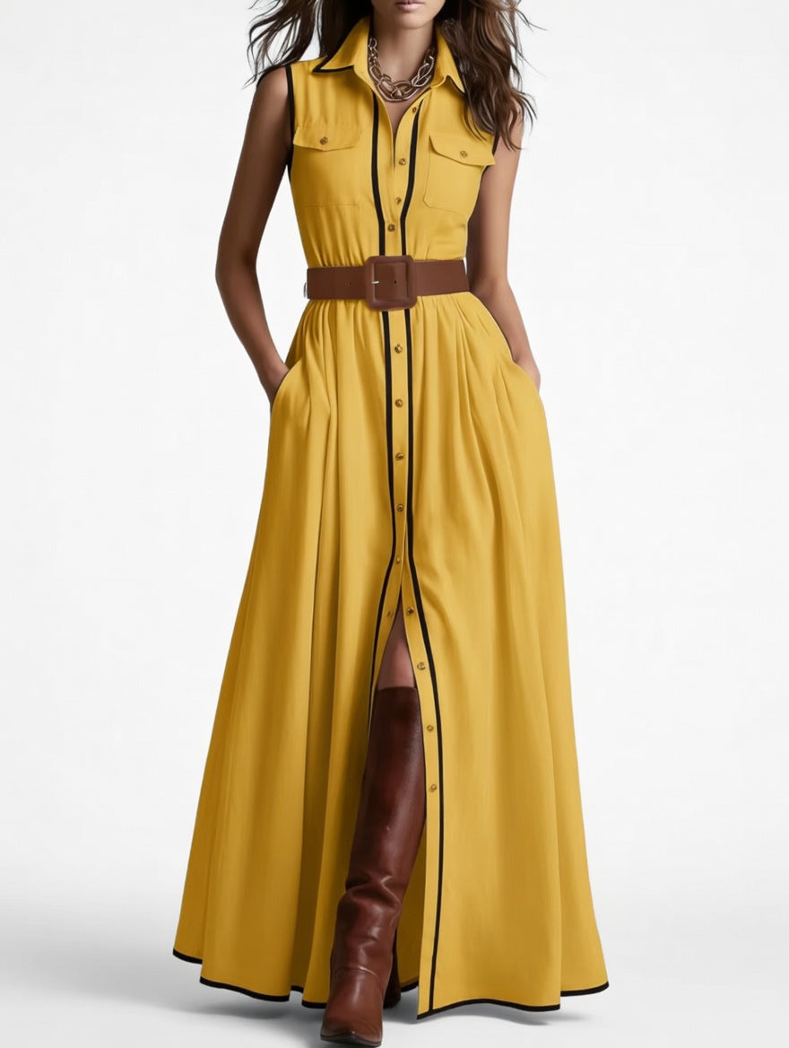 Robe‑chemise longue ceinturée avec passepoils contrastés