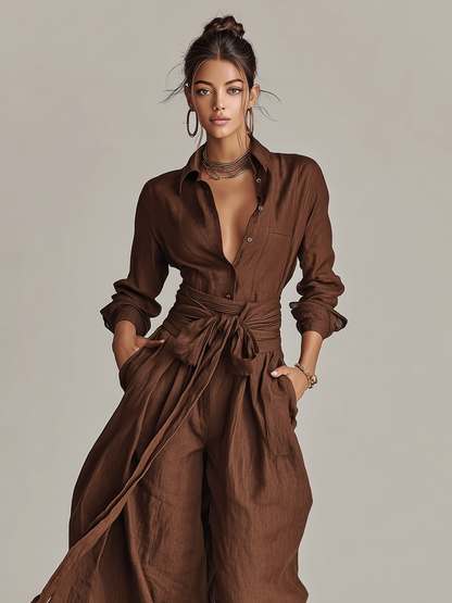 Combinaison élégante pour femme en coton‑lin tissé marron, à manches longues, col chemise et ceinture