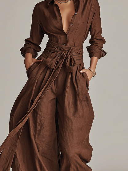 Combinaison élégante pour femme en coton‑lin tissé marron, à manches longues, col chemise et ceinture