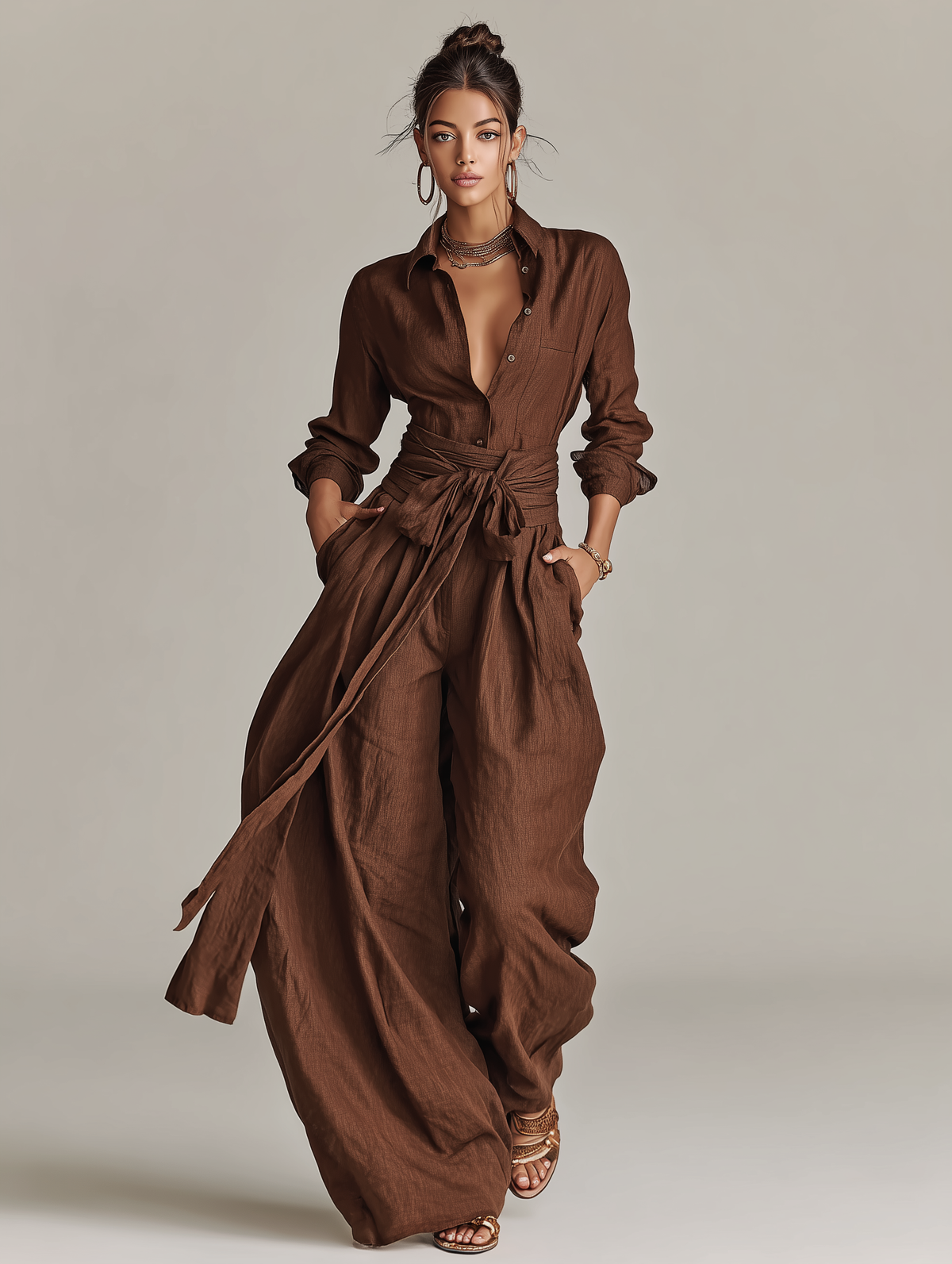 Combinaison élégante pour femme en coton‑lin tissé marron, à manches longues, col chemise et ceinture