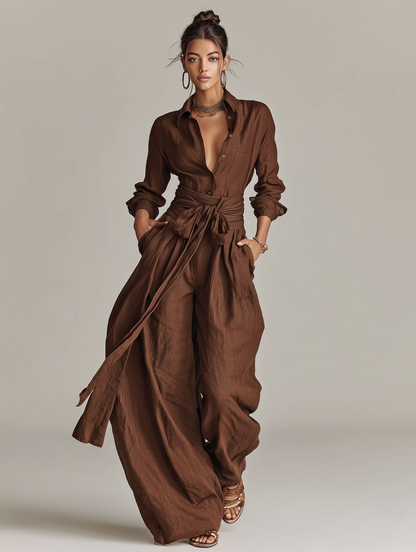 Combinaison élégante pour femme en coton‑lin tissé marron, à manches longues, col chemise et ceinture