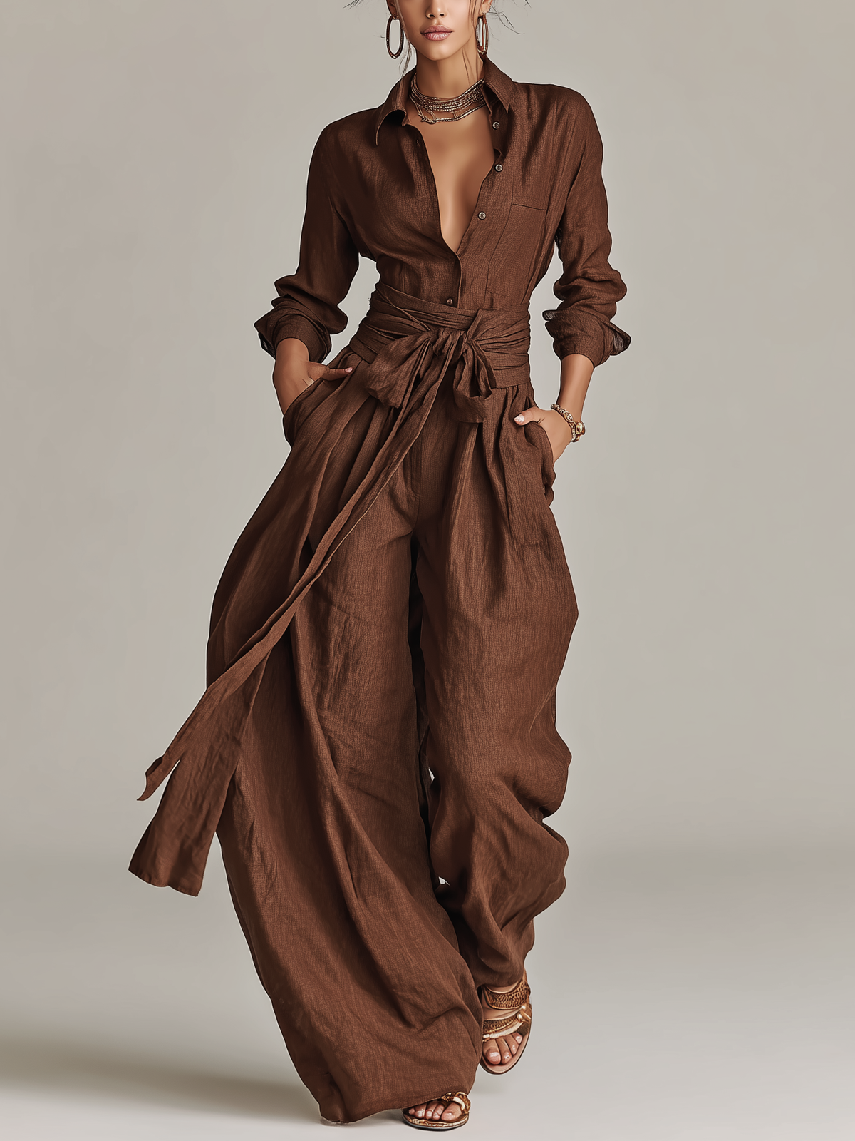 Combinaison élégante pour femme en coton‑lin tissé marron, à manches longues, col chemise et ceinture