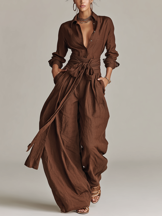 Combinaison élégante pour femme en coton‑lin tissé marron, à manches longues, col chemise et ceinture