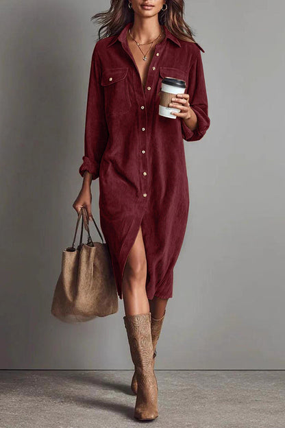 Robe midi chemise décontractée uni, boutonnage simple, avec poches