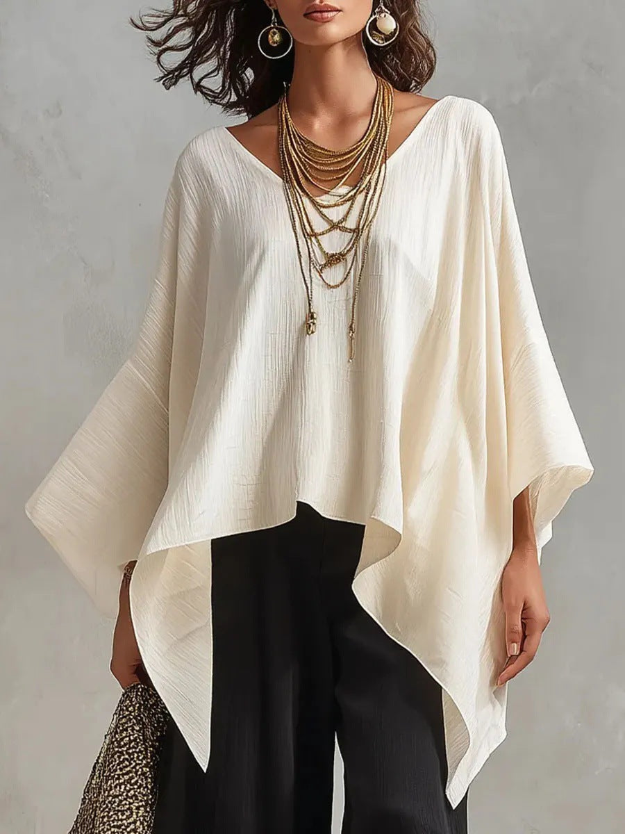 Women's V-neck 3/4-sleeve Casual Loose Cotton-linen Top