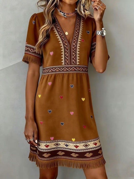 Robe confortable marron à imprimé cœur et col en V