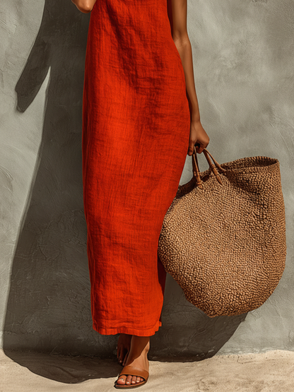 Robe Femme Rouge en Coton à Bretelles Fines et Encolure Carrée, Style Bohème Chic Intemporel