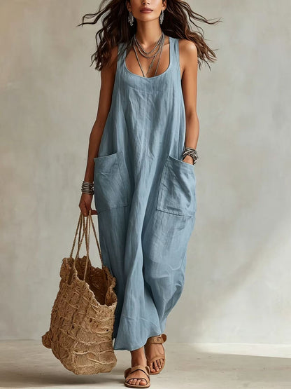 U-Neck Sleeveless Loose Pocket Maxi Dress, Casual Flowy Long Dress