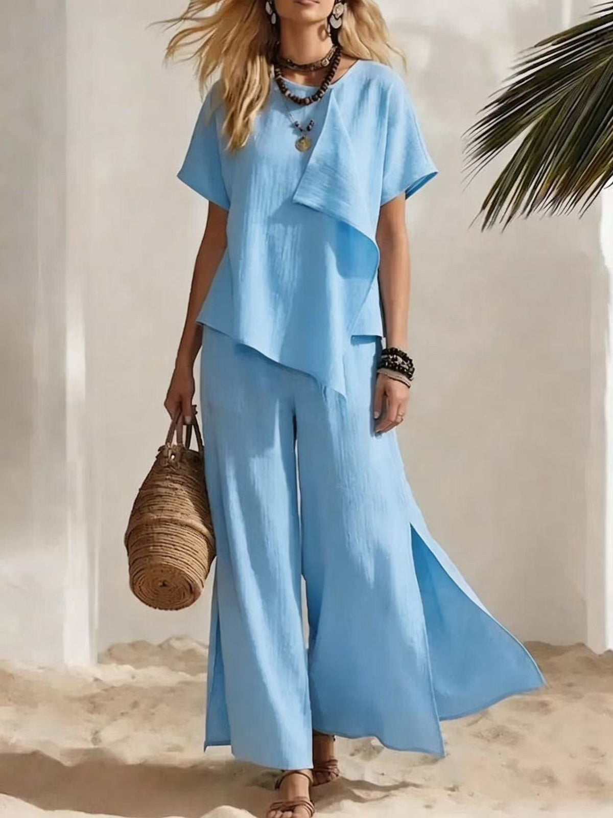 Cotton-linen Round-neck Asymmetrical Top + Side-slit Wide-leg Pants Two-piece Set