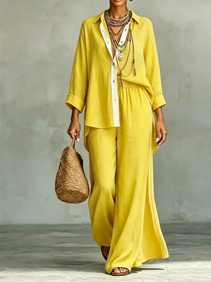 Contrast Trim Linen Shirt Wide Leg Pants 2 Piece Set