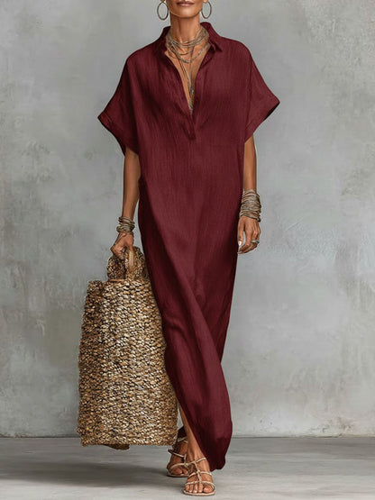 Robe décontractée ample en lin pour femme, unie, à col et à manches courtes