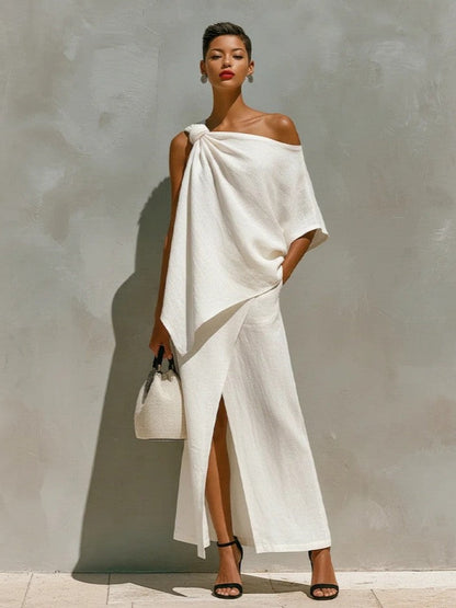 Asymmetric Knot Linen Two-Piece White Set