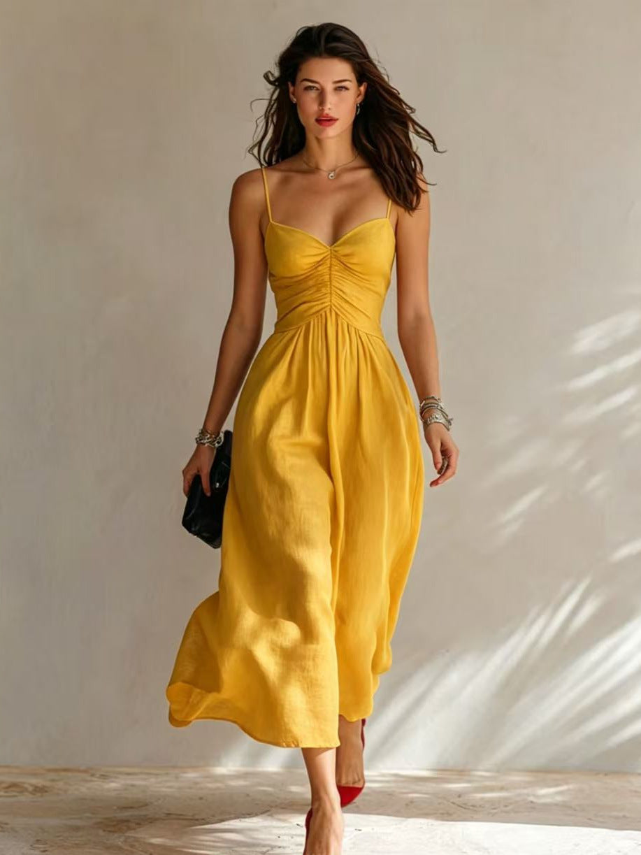 Linen Spaghetti Strap Sweetheart Ruched Bust Flowy Midi Dress