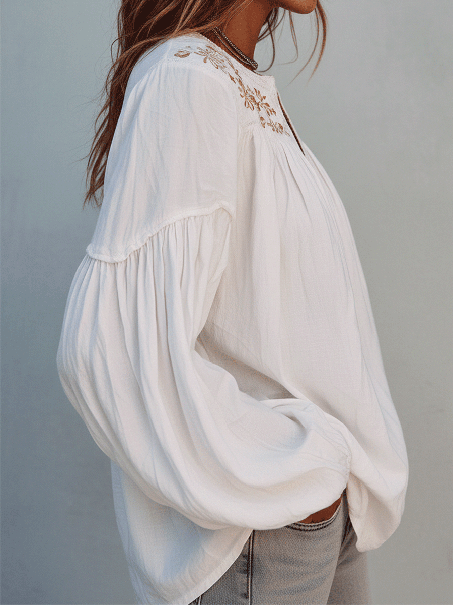 Blouse à manches longues en coton blanc brodé style bohème