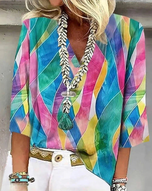 Blouse à col V à couleurs contrastées