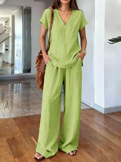 Linen V Neck Cap Sleeve Top & Elastic Waist Wide Leg Pants 2 Piece Co-Ord Set