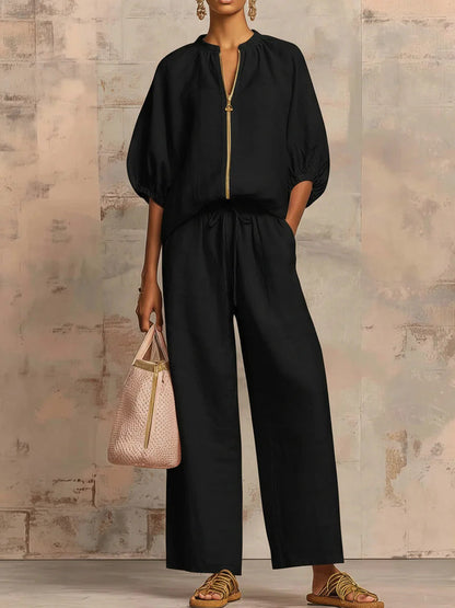 Nouveautés🔥 Ensemble deux‑pièces en lin et coton : chemise zippée élégante et confortable et pantalon à jambes larges
