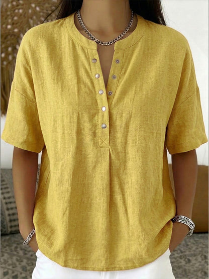 Nouveautés🔥 Chemise décontractée femme à col Henley, manches courtes en lin et coton