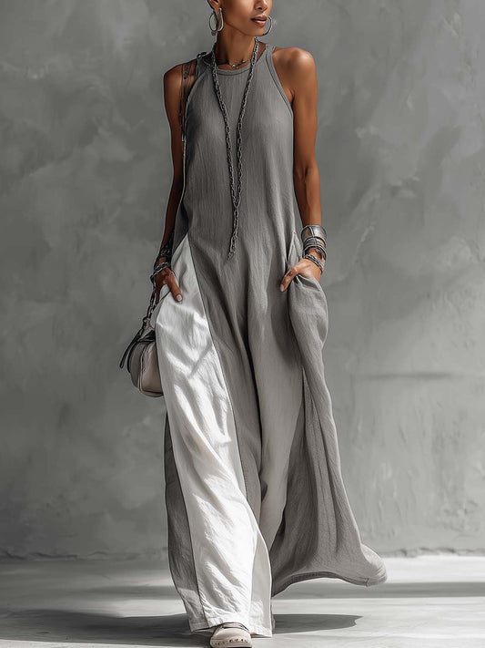 Robe longue sans manches en coton et lin gris à blocs de couleur