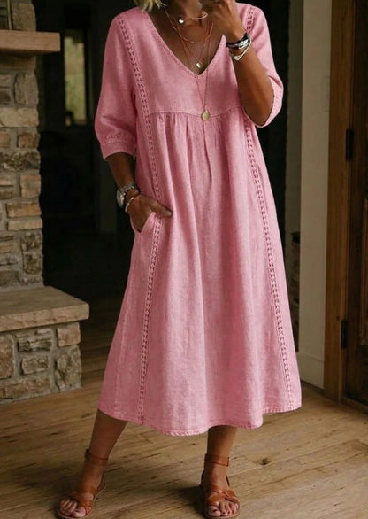 Robe midi élégante à col V en mélange de lin avec inserts en dentelle et poches | Robe décontractée d'été pour femmes