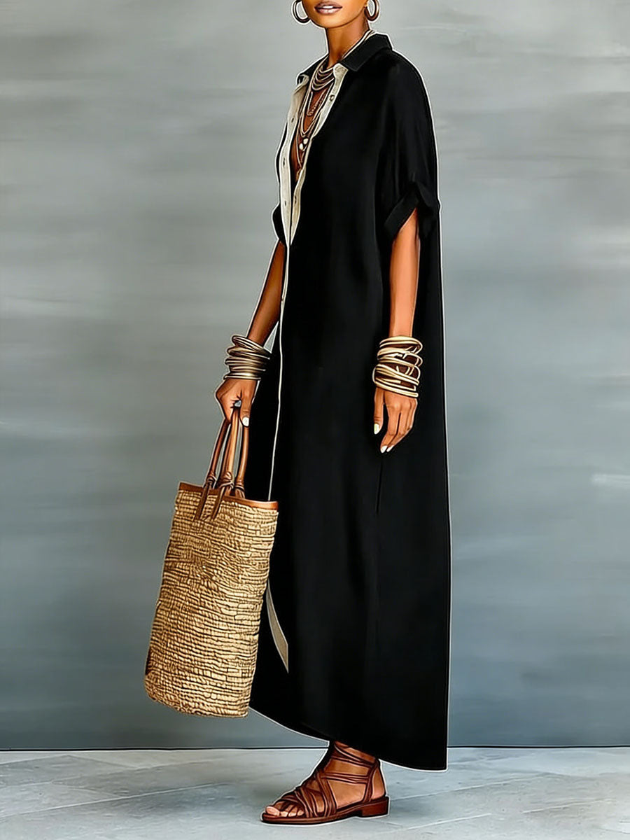 Robe longue à revers, à manches courtes amples, avec boutons, poches et coutures‑fendues