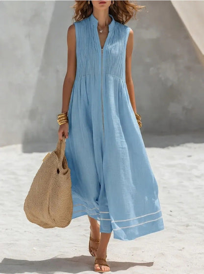 Stand Collar Pleated Zip Front Sleeveless Linen Midi Dress