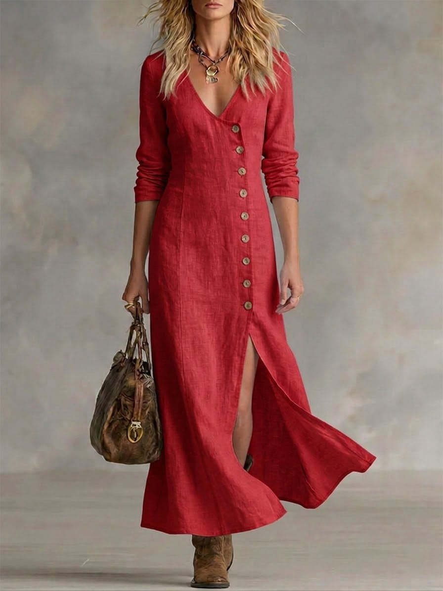 Robes longues mode en coton et lin à plusieurs boutons
