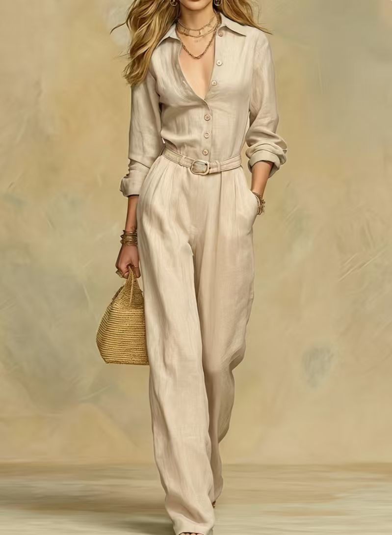 Classic Collared Belted Linen Blend Wide Leg Jumpsuit
